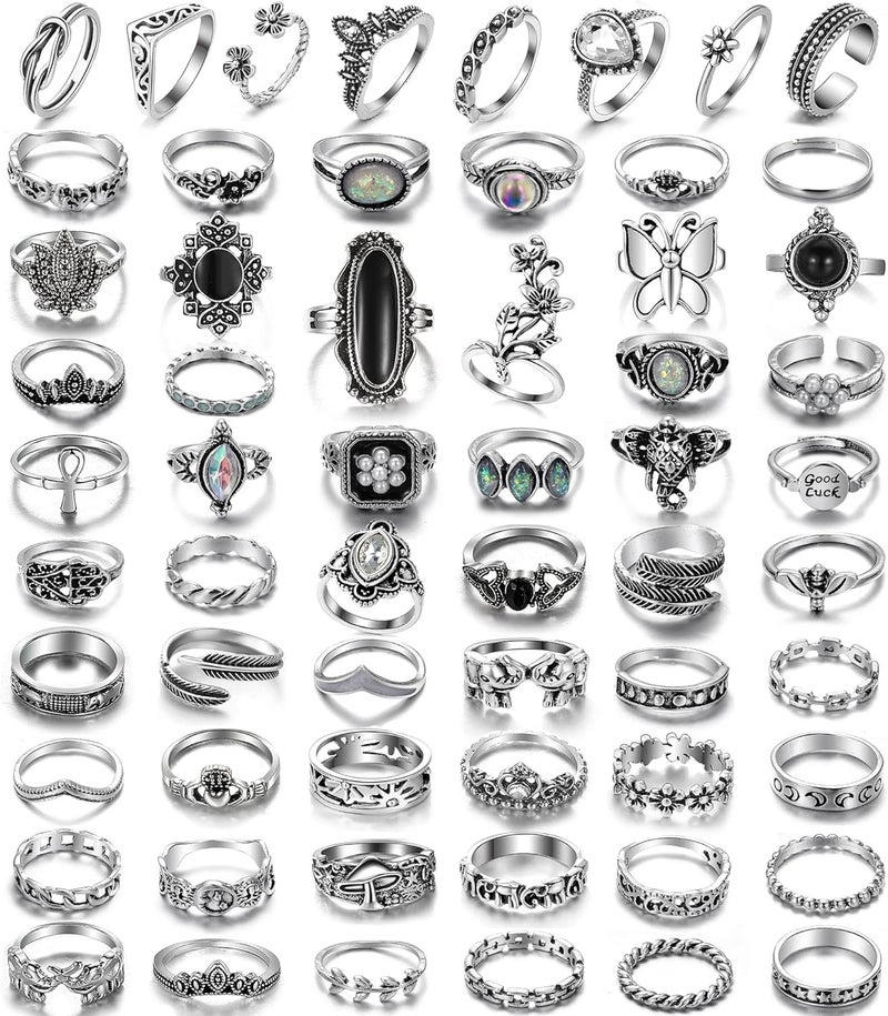 17IF Vintage Silver Knuckle Rings Set for Women Men, Chunky Rings Aesthetic Snake Grunge Stackable Gothic Ring Adjustable Y2K Punk Bulky Boho Finger Alt of Rings, Stacking Fairy Skull Frog Heart Star Flower Midi Ring Pack - Image 1